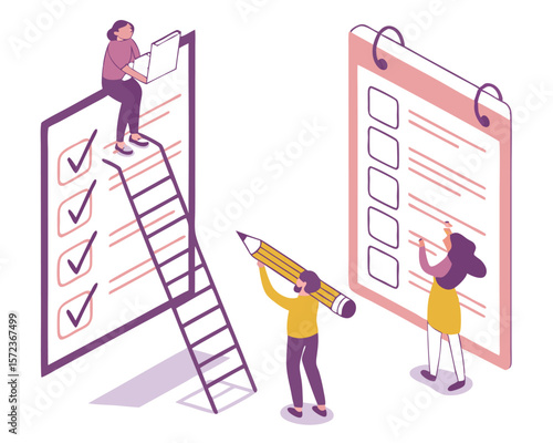 Checklist illustration depicting teamwork and task management concepts on a white background