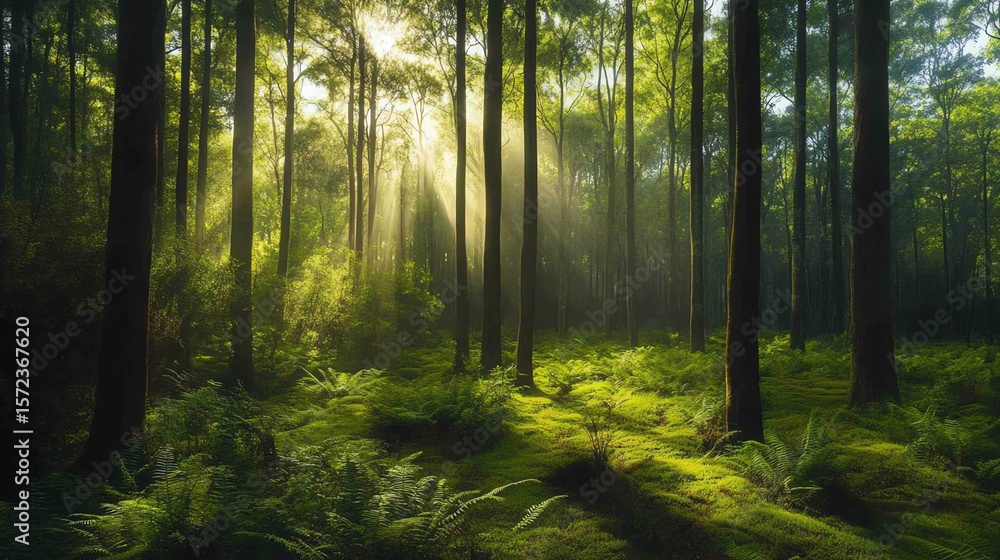 Fototapeta premium Dense green forest with sunlight filtering through tall trees, ferncovered floor, serene feel