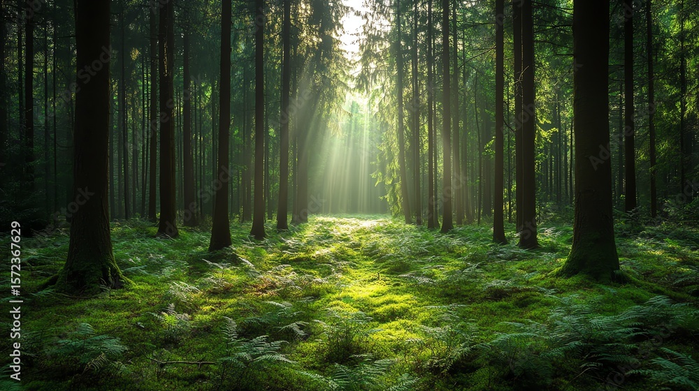 Fototapeta premium Dense green forest with sunlight filtering through tall trees, ferncovered floor, serene feel