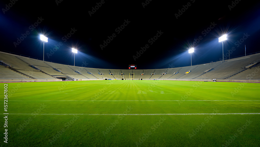 Illuminated Stadium Field and Stands at Night Under Spotlight Lighting Illuminated Stadium Field and Stands at Night Under Spotlight Lighting