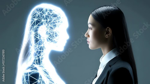Woman Facing Her Digital Double: AI, Technology, and the Future