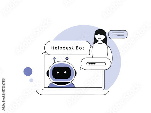Digital helpdesk bot illustration with user interaction and chat dialogue interface