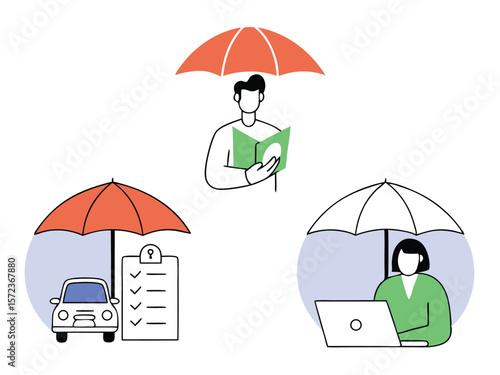 Diverse insurance concepts illustrated with people, cars, and modern flat designs