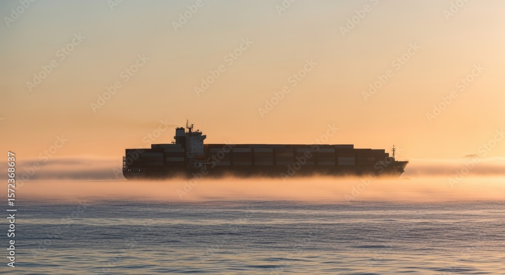 Large container ship sailing through a foggy ocean at sunset, creating a tranquil and picturesque atmosphere with golden hues reflecting off the water and a serene horizon Large container ship sailing through a foggy ocean at sunset, creating a tranquil and picturesque atmosphere with golden hues reflecting off the water and a serene horizon