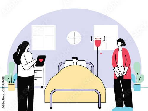Hospital room illustration depicting medical staff attending to a patient with iv drip