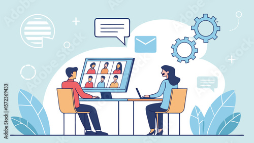 Flat Vector Illustration of People in Online Video Conference for Remote Work, Smart Business Collaboration, and Work-from-Home Connectivity