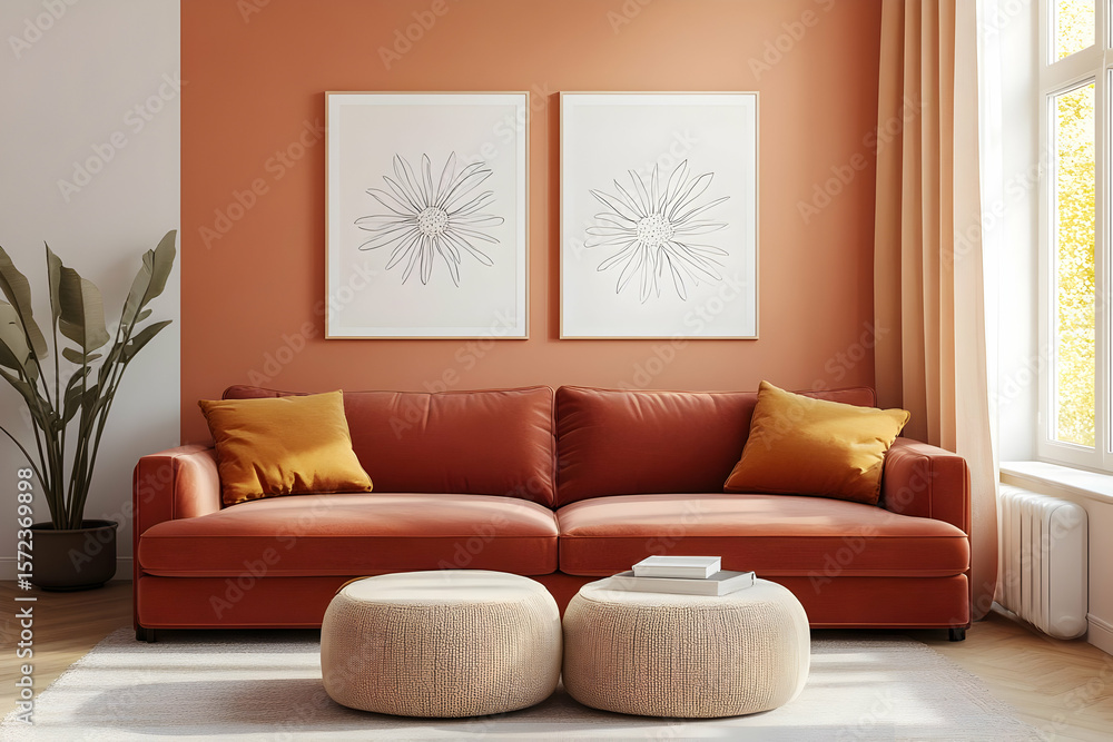 Fototapeta premium Orange Velvet Sofa Living Room Illustration