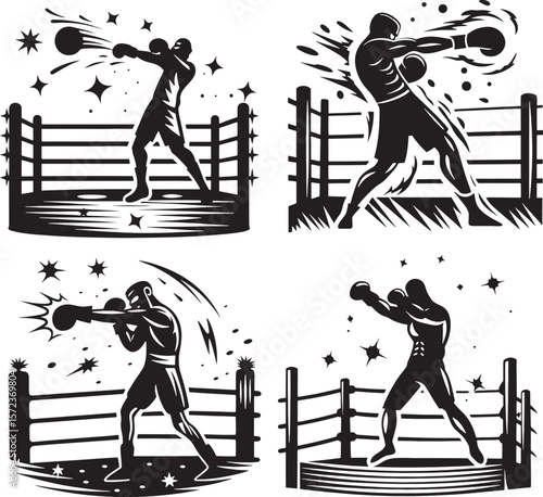 Collection of four dynamic boxing silhouette scenes in the ring. Includes punching, dodging, and striking moments.