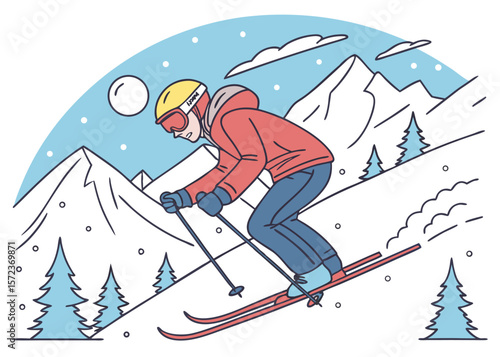 Flat Vector Illustration of Skier in Red Suit Skiing Downhill in Snowy Mountain Landscape During Winter Sports Adventure