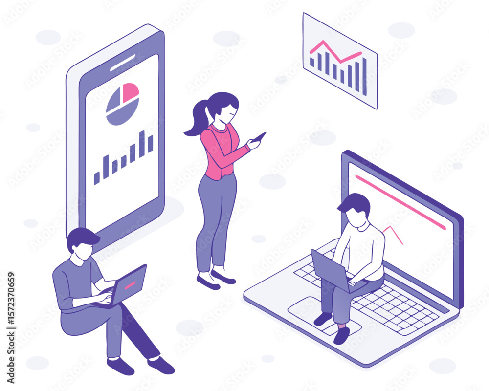 Fototapeta premium Modern team analyzing data on laptops and mobile devices in isometric illustration