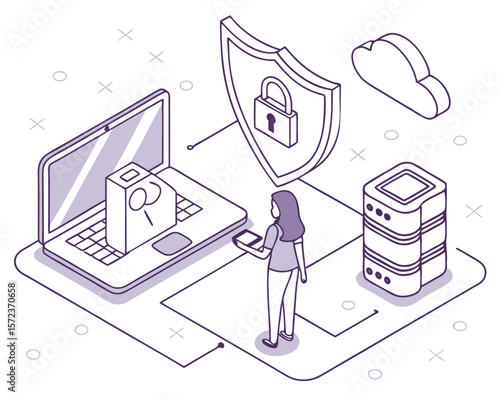 Modern isometric illustration of secure data processing and digital security with transparency