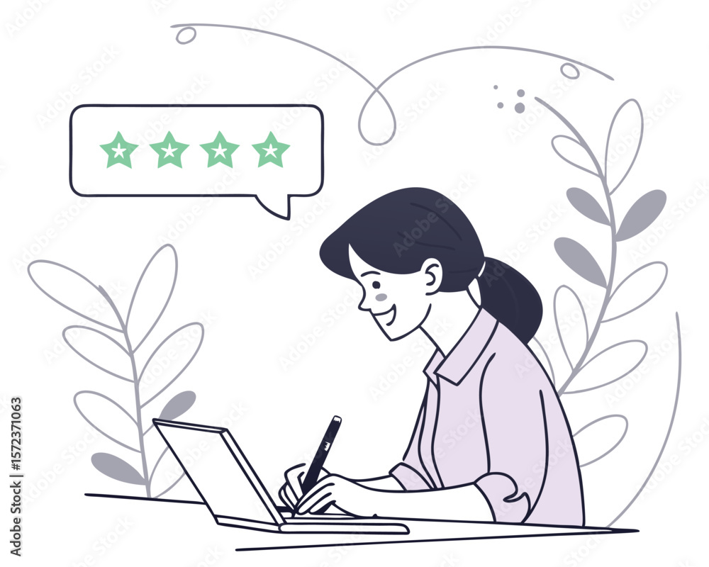 Smiling woman reviews service with four stars while using laptop and pen Smiling woman reviews service with four stars while using laptop and pen