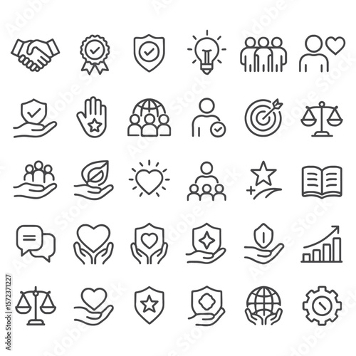 Core Values Line Icon Set – Unique Black and White Icons Representing Integrity, Teamwork, Innovation, Leadership, and More for Branding, Presentations, and Corporate Design
