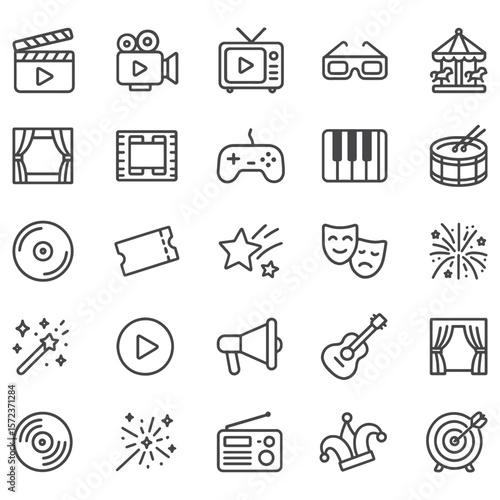 Entertainment Line Icons – Movie, Music, Gaming & Fun Outlined Vector Set