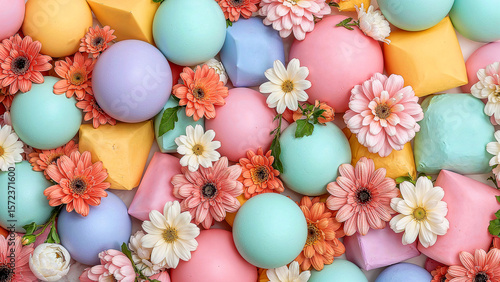 Vibrant pastel shapes and blossoms in harmony