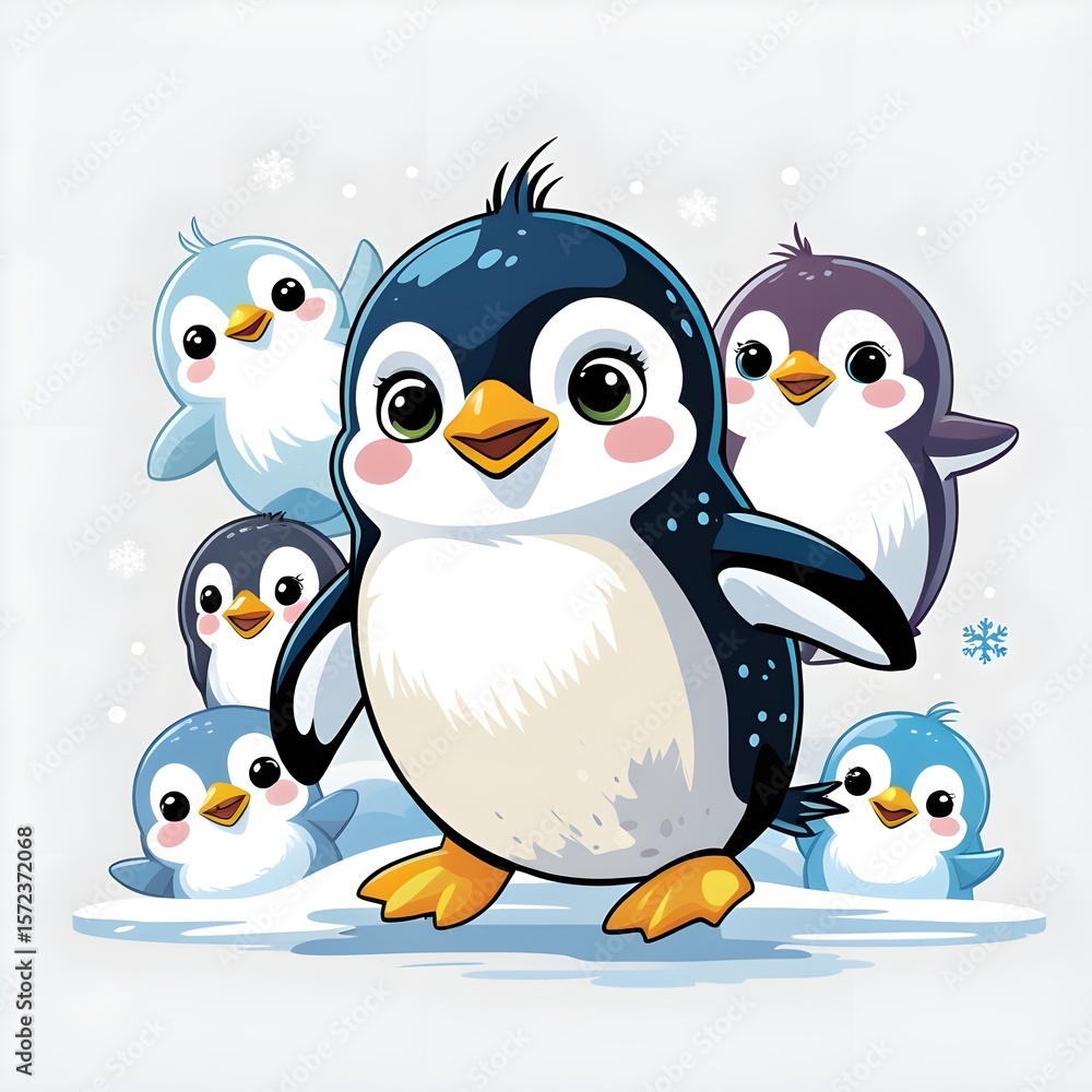 Fototapeta premium Group of Adorable Cartoon Penguins on Snowy Ground with Falling Snowflakes