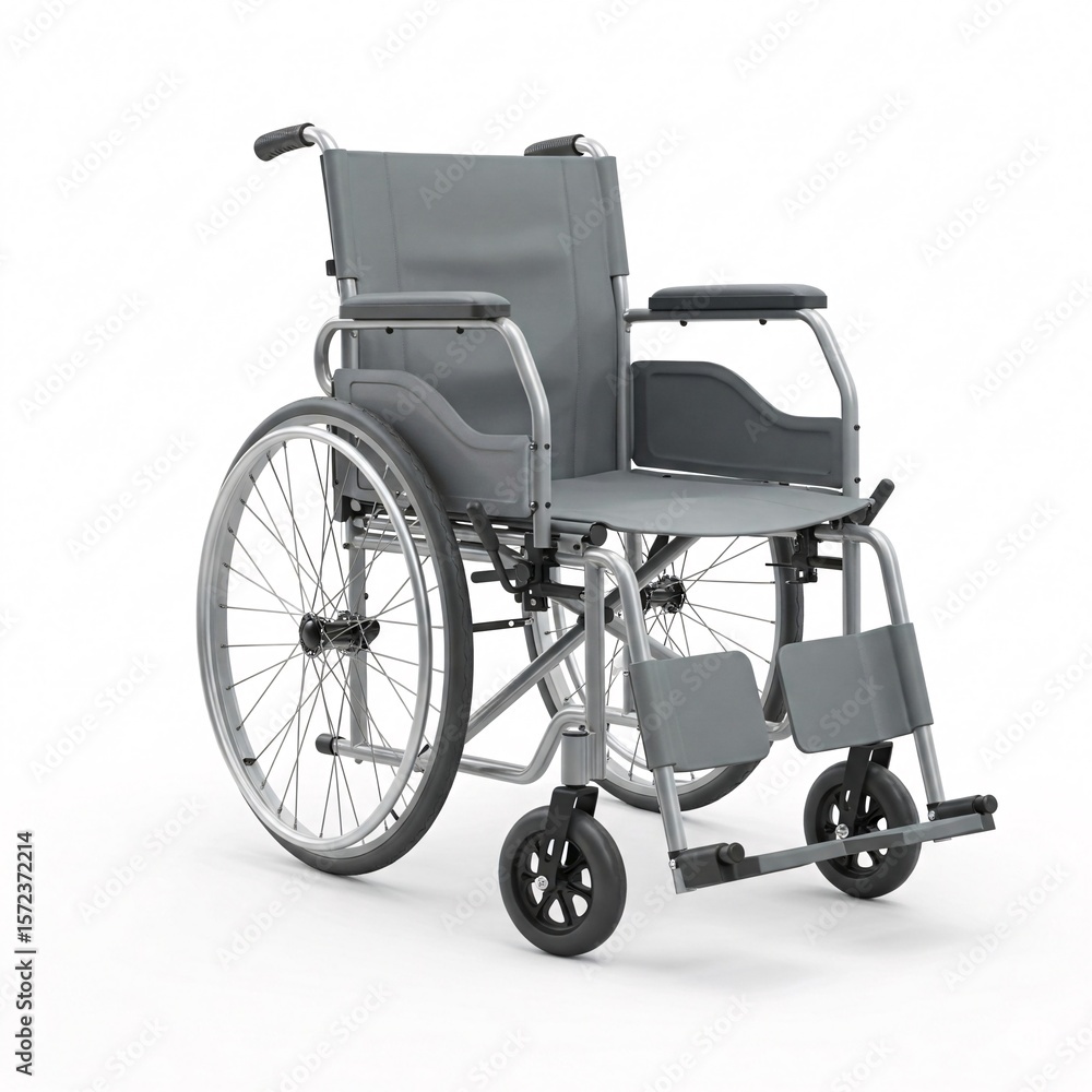 Fototapeta premium A modern grey wheelchair with a sturdy frame and wheels, designed for mobility,