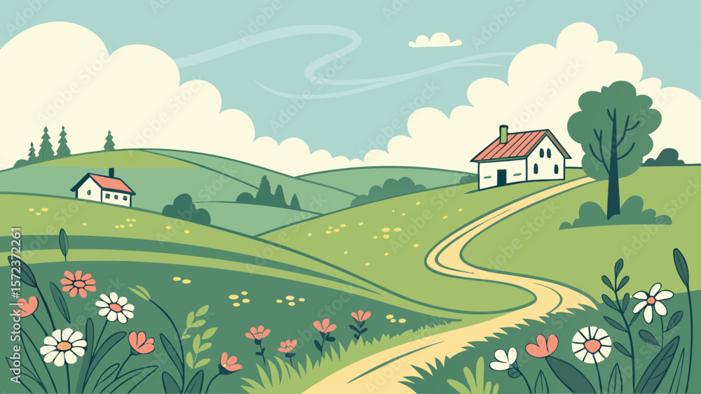 Naklejka premium Charming countryside landscape with rolling hills and cozy houses