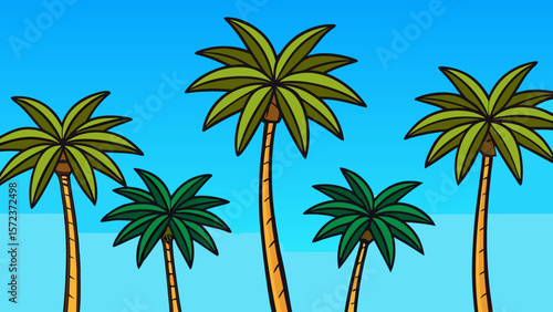 Bright blue sky with multiple green palm trees standing tall