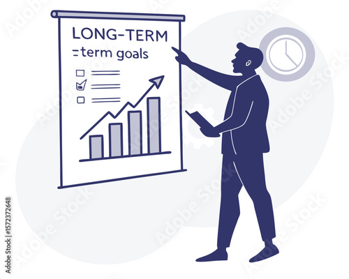 Businessman presenting long-term goals with a graph and checklist on a whiteboard during a presentation.