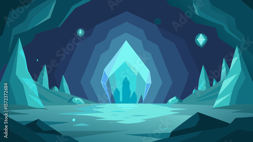 Mysterious cave with glowing crystal formations and reflective water