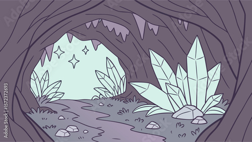 Enchanting cave entrance with glowing crystals and a winding path