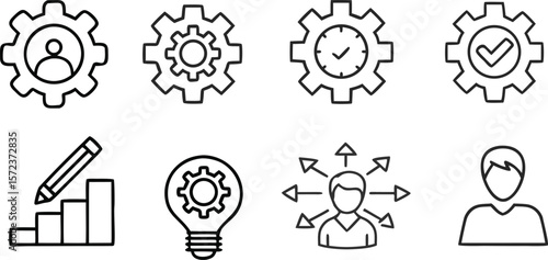 Collection of business and strategy icons representing planning ideas and decision making