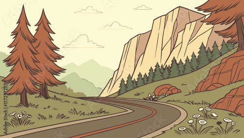 Scenic winding road through a mountainous landscape with pine trees
