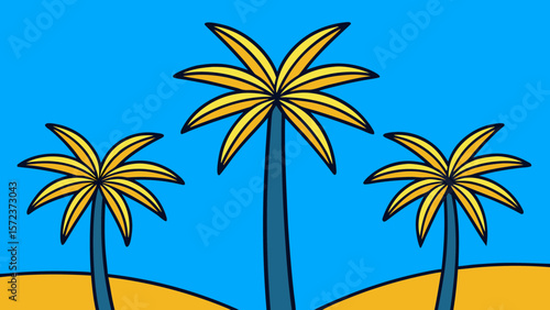 Three stylized palm trees against a bright blue sky and sandy ground