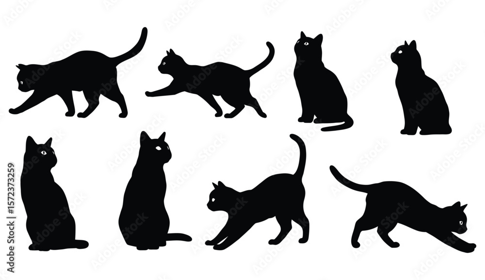 Black Cat Silhouette Set – Sitting and Walking Poses on White Background Black Cat Silhouette Set – Sitting and Walking Poses on White Background