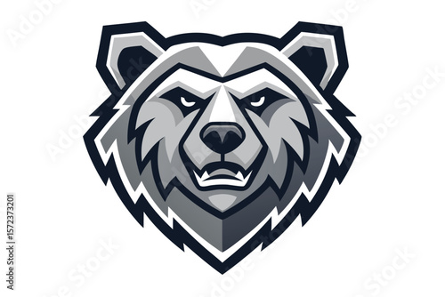 A formidable gray bear head stares intensely forward, with menacing eyes and sharp teeth displayed