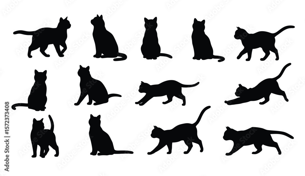 Black Cat Silhouette Set – Sitting and Walking Poses on White Background Black Cat Silhouette Set – Sitting and Walking Poses on White Background