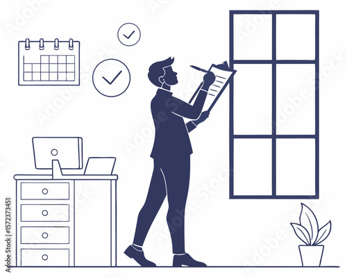 Silhouette of businessman taking notes with office items and check marks for designs
