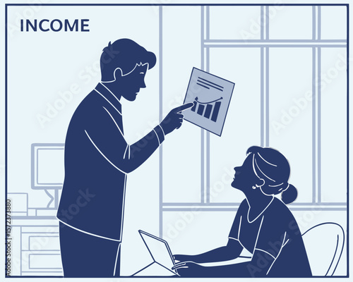 Business presentation and analysis depicted with a man showing income growth to a woman on a white background