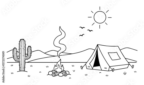 desert camping scene with tent and campfire line art