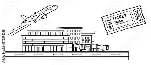 airport terminal with airplane and ticket line art