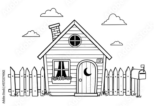 cute cartoon house with fence line art coloring page