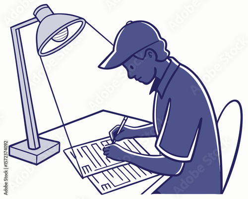 Creative individual concentrating on writing or drawing under the focused brightness of a desk lamp