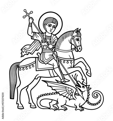 saint george slaying dragon line art illustration