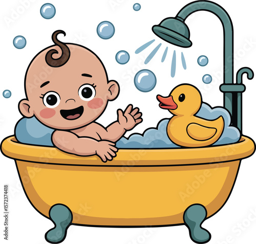 A cute cartoon baby taking a bath in a yellow tub, surrounded by bubbles and a rubber duck transparent isolated png vector
