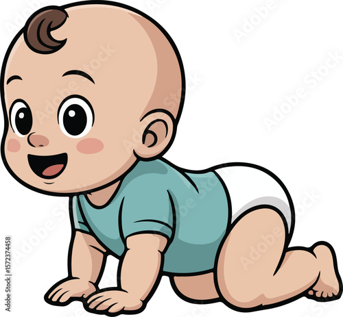 Cute baby crawling on all fours, happy expression, teal shirt transparent isolated png vector