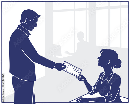 Professional illustration depicting a check or voucher being exchanged between colleagues in a workplace environment
