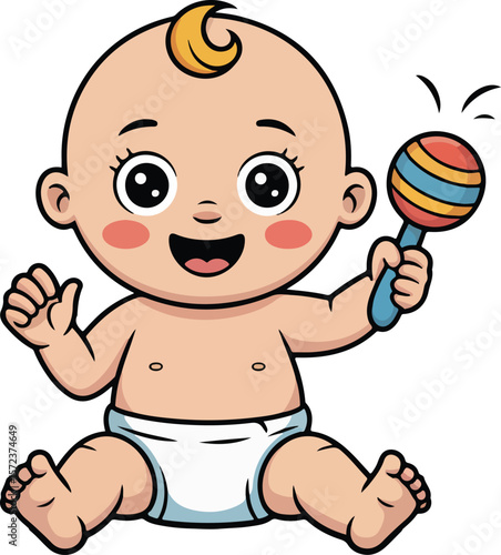 A cute baby is holding a rattle and smiling happily transparent isolated png vector