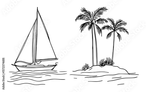 sailboat near tropical island line art illustration