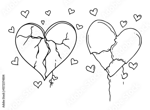 set of broken hearts heartbreak concept line art