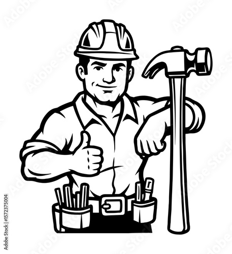 cartoon construction worker with hammer and tool belt in strong black and white vector style