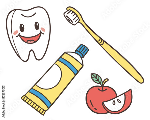 Cute dental health illustration featuring smiling tooth toothbrush and apple