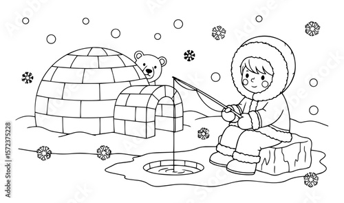 eskimo ice fishing coloring page with igloo and bear vector