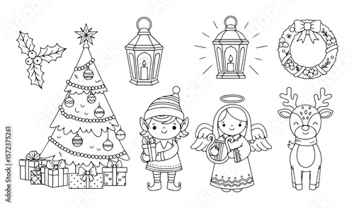 cute christmas characters and objects set for coloring