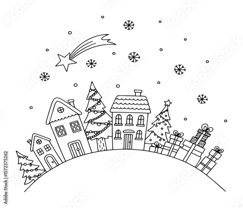 christmas winter town scene with snow coloring page vector